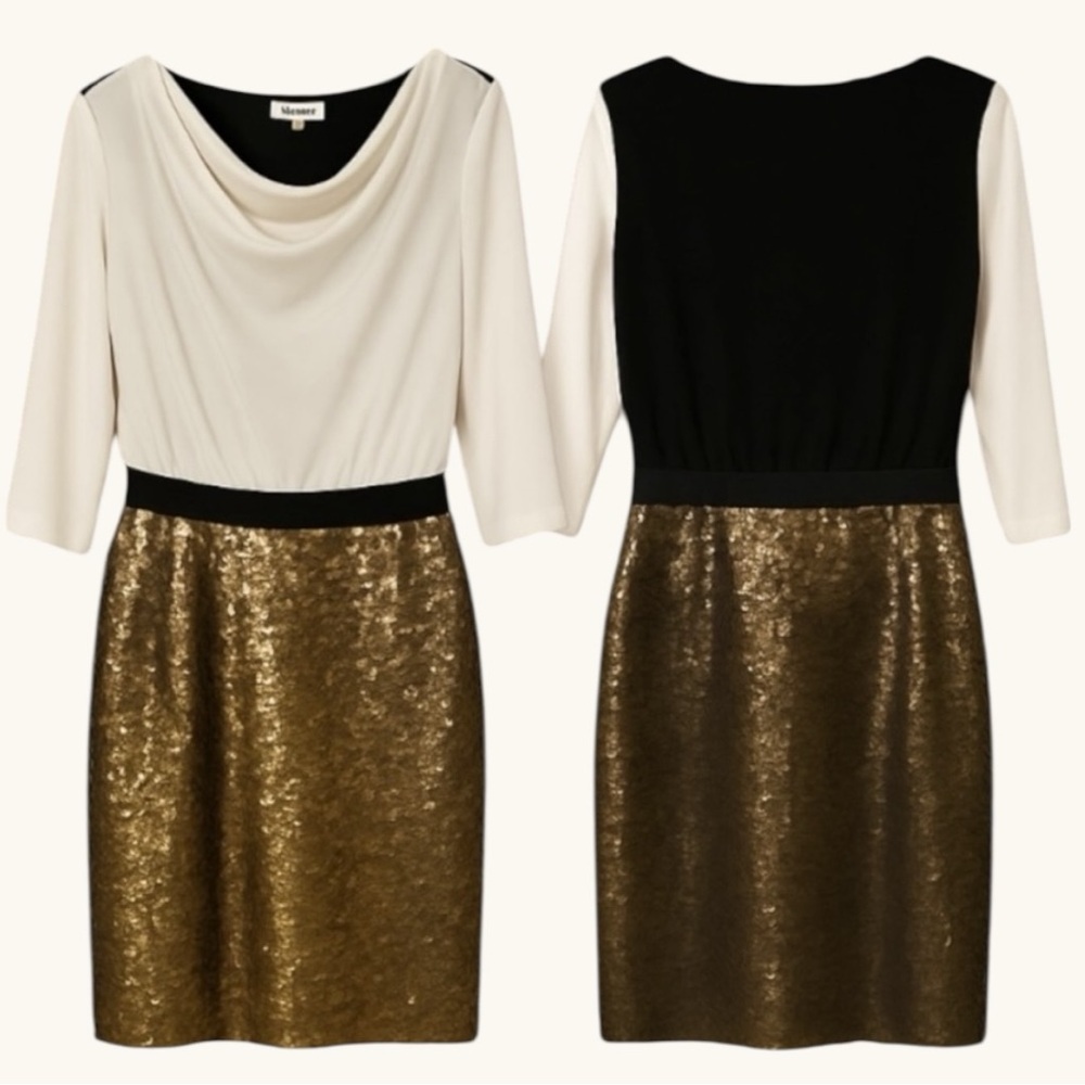 DKNYC Cream Draped Blouse + Gold Sequin Cocktail Dress • Size 8